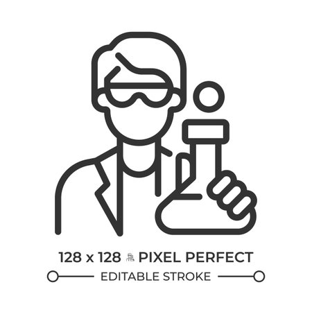 Scientist pixel perfect line icon. Man chemist holding flask of liquid. Specialist conducting lab testing. Isolated vector illustration. Outline symbol. Simple linear drawing. Editable strokeのイラスト素材
