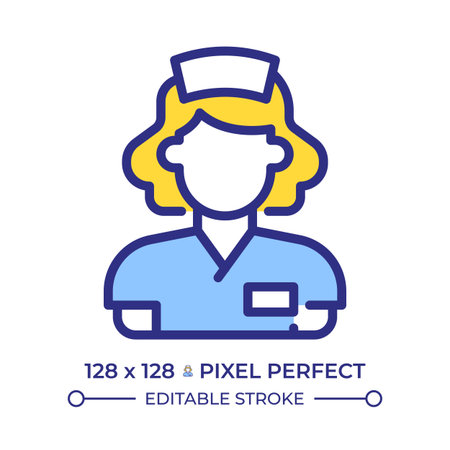 Nurse pixel perfect line color icon. Person trained to care for patients in hospital. Medical staff...