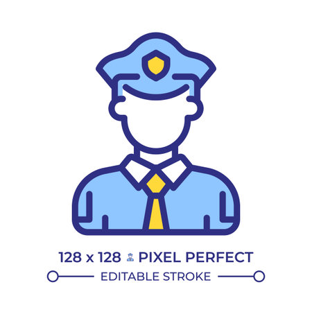 Police officer pixel perfect line color icon. Policeman in uniform with cap. Serviceman protecting...