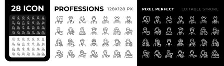 Professions pixel perfect black and white line icons set. Professionals of different occupations. Career choices. Job variety. Outline iconset. Isolated monochrome illustrations. Editable strokeのイラスト素材