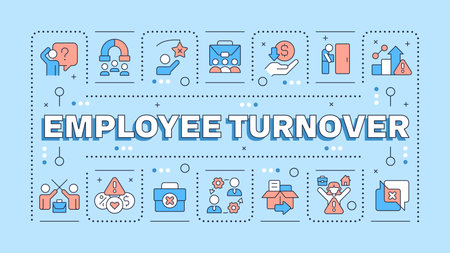 Employee turnover light blue word concept. Recruitment and dismissal workforces. HR strategy. Typography banner. Vector illustration with title text, editable icons color. Hubot Sans font usedのイラスト素材