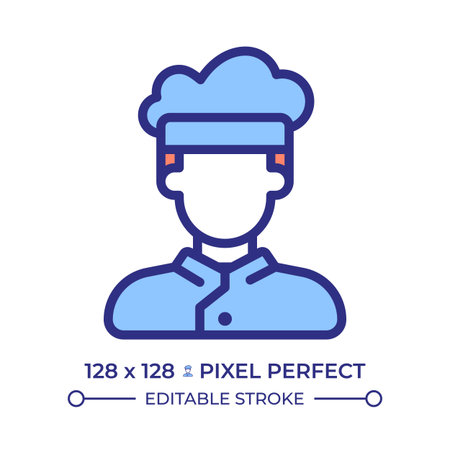 Chef pixel perfect line color icon. Skilled professional cook. Food preparation specialist. Head of restaurant kitchen. Isolated vector illustration. Flat colorful symbol design. Editable strokeのイラスト素材