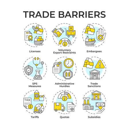 Trade barriers multi color concept icons. Export restrictions. Governmental subsidies. Shipping embargo. Icon pack. Vector images. Round shape illustrations for article, brochure. Abstract ideaのイラスト素材