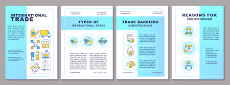 International trade brochure layout. Partnership agreement. Import restriction. Leaflet advertising design with color line icons. Editable 4 pages. Arial-Black, Myriad Pro-Regular fonts usedのイラスト素材