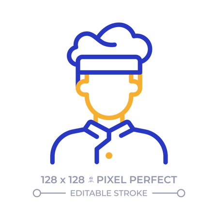 Chef pixel perfect two color line icon. Professional cook. Food preparation. Head of restaurant kitchen bicolor outline symbol. Duotone linear pictogram. Isolated illustration. Editable strokeのイラスト素材