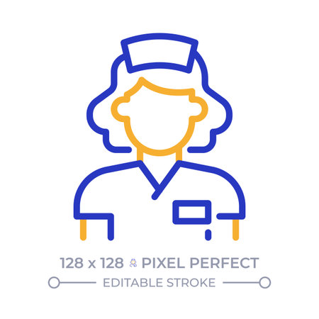 Nurse pixel perfect two color line icon. Person trained to care for patients in hospital. Medical staff career bicolor outline symbol. Duotone linear pictogram. Isolated illustration. Editable strokeのイラスト素材
