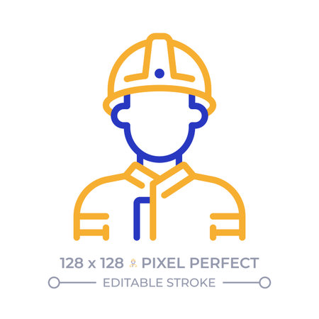 Firefighter pixel perfect two color line icon. Responder trained to extinguish fires. Fireman emergency team bicolor outline symbol. Duotone linear pictogram. Isolated illustration. Editable strokeのイラスト素材