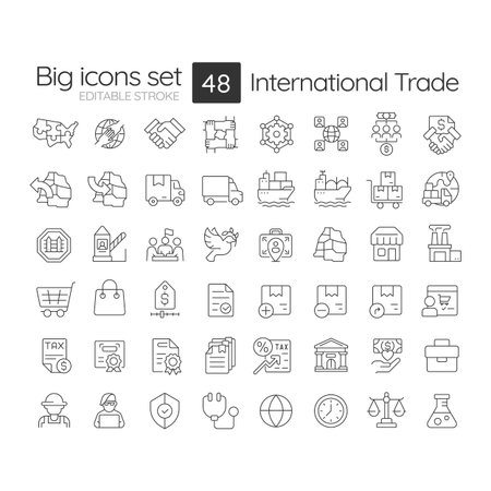 International trade line icons set. Transportation fleet management. Tax control. Shipment organization. Isolated vector outline illustrations. Thin lineart iconset symbols. Editable strokeのイラスト素材