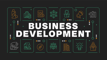 Business development black word concept. Commercial success goal. Corporate growth plan. Horizontal vector image. Headline text surrounded by editable outline icons. Hubot Sans font usedのイラスト素材