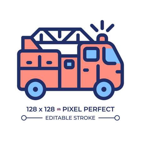 Fire truck pixel perfect line color icon. Emergency response, flame hazard. Fire department, public...