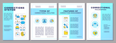 Corrections system blue brochure layout. Penitentiary facilities, management and philosophies. Leaflet advertising design with color line icons. Editable 4 pages. Arial, Myriad Pro-Regular fonts usedのイラスト素材
