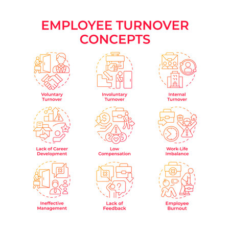 Employee turnover red gradient concept icons. Company staff recruitment and dismissal. HR department work. Icon pack. Vector images. Round shape illustrations for brochure. Abstract ideaのイラスト素材