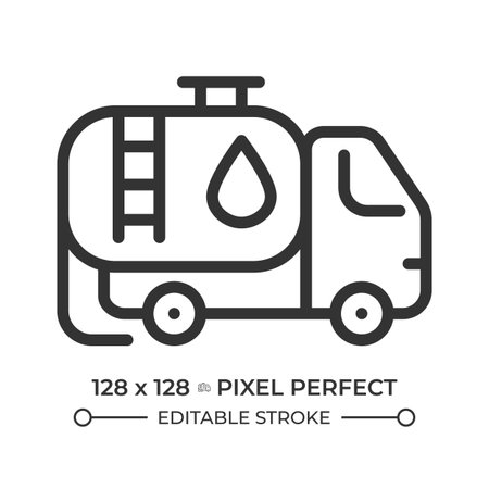 Tanker truck pixel perfect line icon. Fuel transportation, water delivery. Industrial cargo. Petroleum logistics. Isolated vector illustration. Outline symbol. Simple linear drawing. Editable strokeのイラスト素材