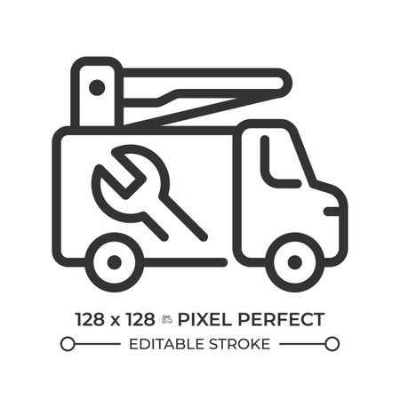 Utility vehicle pixel perfect line icon. Maintenance services, roadside assistance. Repair transport. Isolated vector illustration. Outline symbol. Simple linear drawing. Editable strokeのイラスト素材