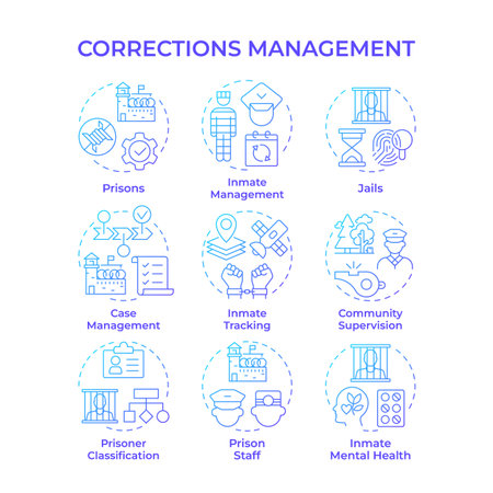 Corrections management blue gradient concept icons. Criminals punishment and rehabilitation processes. Prisons control. Icon pack. Vector images. Round shape illustrations for website. Abstract ideaのイラスト素材