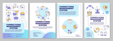 Corrections management system blue circle brochure layout. Penitentiary network. Leaflet advertising design with color line icons. Editable 4 pages. Arial-Bold, Myriad Pro-Regular fonts usedのイラスト素材