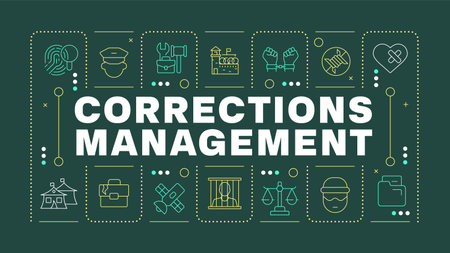 Corrections management pine green word concept. Imprisoned criminals custody and rehabilitation. Horizontal vector image. Headline text surrounded by editable outline icons. Hubot Sans font usedのイラスト素材