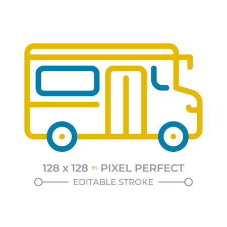 School bus pixel perfect two color line icon. School transportation, education vehicle. College...