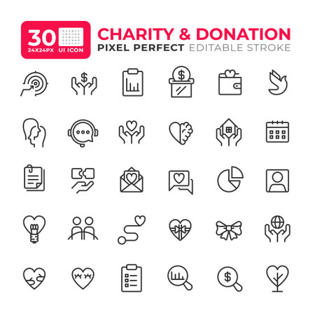 Donation and charity line ui icons set. Volunteering activities. Non-profit organization work. Isolated vector outline symbols iconography. User interface elements linear, pixel perfectのイラスト素材