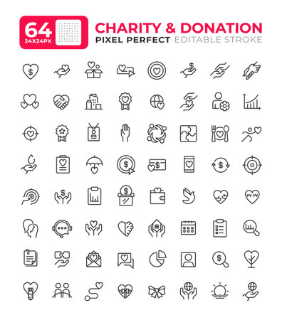 Donation and charity line ui icons set. Voluntarily giving money, goods and time. Act of kindness. Isolated vector outline symbols iconography. User interface elements linear, pixel perfectのイラスト素材