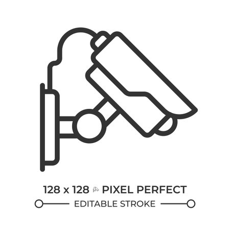 Traffic monitoring camera pixel perfect line icon. CCTV equipment on city streets. Digital security system. Isolated vector illustration. Outline symbol. Simple linear drawing. Editable strokeのイラスト素材