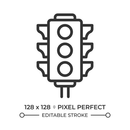 Traffic light pixel perfect line icon. Automated signaling device. Safe driving. Road infrastructure. Isolated vector illustration. Outline symbol. Simple linear drawing. Editable strokeのイラスト素材