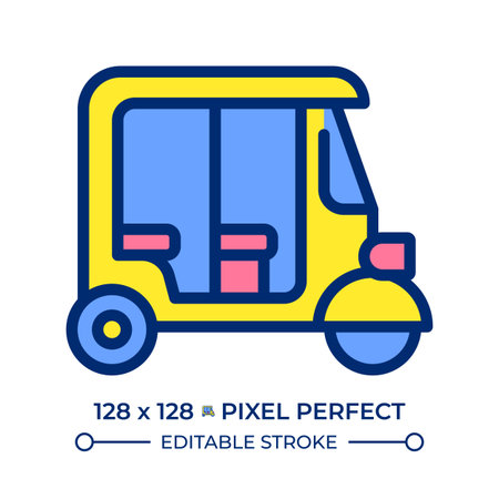 Tuk tuk car pixel perfect line color icon. Auto rickshaw. Public transport in Southeast Asia. Taxi service for tourists. Isolated vector illustration. Flat colorful symbol design. Editable strokeのイラスト素材