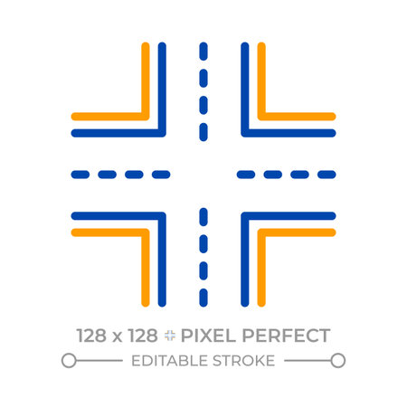 Intersection pixel perfect two color line icon. Two roads meet, cross and join at level. Change direction point bicolor outline symbol. Duotone linear pictogram. Isolated illustration. Editable strokeのイラスト素材