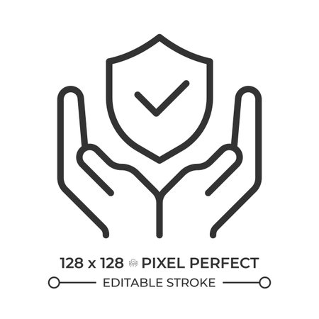 Personal safety pixel perfect line icon. Hands with a verified shield. Quality control, security regulation. Isolated vector illustration. Outline symbol. Simple linear drawing. Editable strokeのイラスト素材