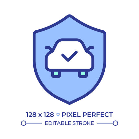 Car insurance pixel perfect line color icon. Auto security, vehicle protection. Safety inspection. Check mark. Isolated vector illustration. Flat colorful symbol design. Editable strokeのイラスト素材