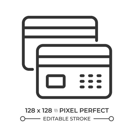 Payment cards pixel perfect line icon. Debit and credit. Digital banking service. Personal finances management. Isolated vector illustration. Outline symbol. Simple linear drawing. Editable strokeのイラスト素材