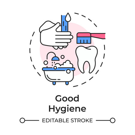 Good hygiene multi color concept icon. Selfcare routines, washing hands. Brushing teeth. Round shape line illustration. Abstract idea. Graphic design. Easy to use in presentation, bookletのイラスト素材