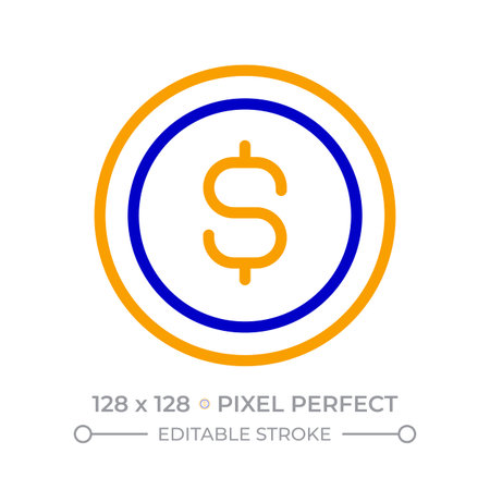 Coin with dollar sign pixel perfect two color line icon. Cash money for payment. Financial income and savings bicolor outline symbol. Duotone linear pictogram. Isolated illustration. Editable strokeのイラスト素材