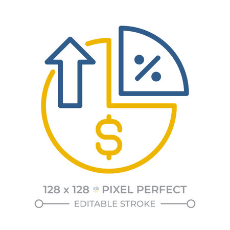 Margin analysis pixel perfect two color line icon. Evaluating profitability. Difference between sales revenue, costs bicolor outline iconset isolated. Duotone pictograms thin linear. Editable strokeのイラスト素材