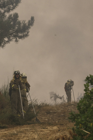Maceda, Galicia / Spain - Oct 16 2017: Firemen in forest fire.のeditorial素材
