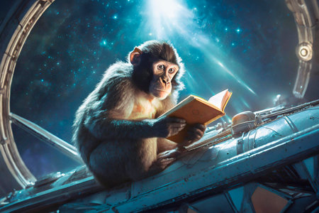 Monkey reading a book on the background of the outer space.の素材