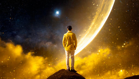 Young man standing on top of a mountain and looking at the milky wayの素材