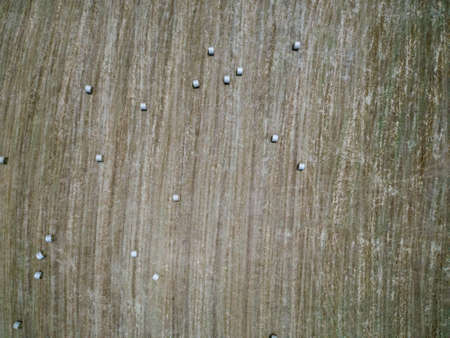 A top down view of hay bales scattered in a farm field.の写真素材