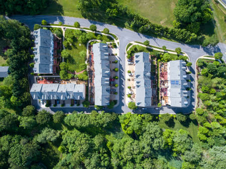 Top down view of the Potomac Country Corner townhome neighborhood in Rockville, Maryland. Potomac Corner Drive and Potomac Corner Lane intersect with Hunting Lane (top).の写真素材
