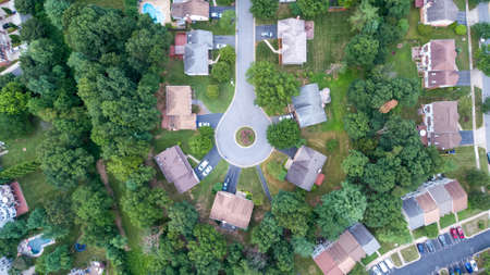 Top down aerial view of a cul-de-sac in Rockville, Montgomery County, Maryland.の写真素材