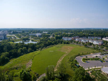 Aerial view of a park in Gaithersburg, Montgomery County, Maryland on July 3, 2020. The park is empty amid continued Covid-19 pandemic restrictions.の写真素材