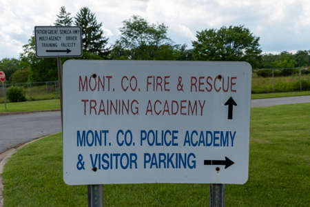 Rockville, Md. - June 26, 2020: A faded sign remains at the entrance to the old Public Safety Training Academy in Montgomery County, Maryland. The academy moved to a new facility in Gaithersburg.のeditorial素材