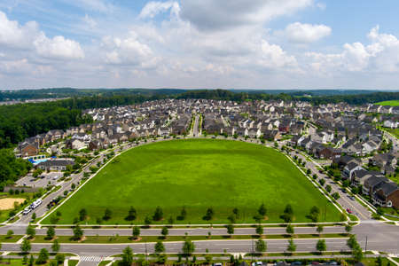 Aerial view of the Greenway Village subdivision in Clarksburg, Montgomery County, Maryland.の写真素材