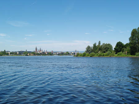 Skyline of Mainz by the riversideの写真素材