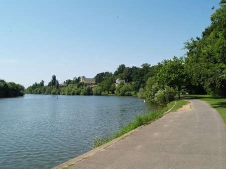 Riverwalk and bikeway at the river Main in Aschaffenburgの写真素材