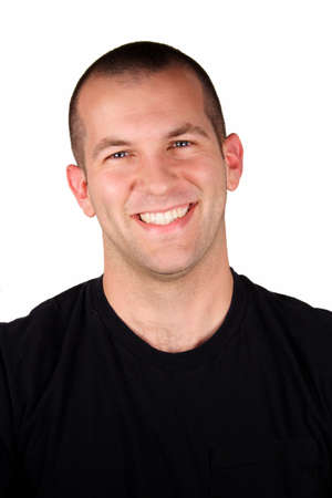 A handsome man with a happy expression in front of a white background.の写真素材