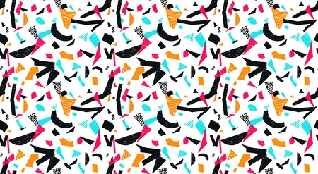 Memphis seamless pattern in retro style. Doodle pattern hand-drawn pen, ink, chalk. Wallpapers scattered cutting elements.のイラスト素材