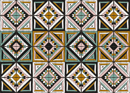 Antique tiles. Tribal vector ornament. Seamless African folk square pattern. Geometric mosaic, majolica. Ethnic carpet. Aztec style. Vintage patchwork fabric. Ancient interior. Geo print on textile.のイラスト素材
