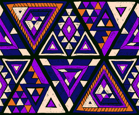 Indian geometric folklore ornament with triangle, Tribal ethnic vector patchwork texture, Seamless striped pattern in Aztec style.のイラスト素材