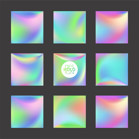 Set of Holographic Vector Background. Iridescent Foil. Glitch Hologram. Pastel neon rainbow. Metallic paper. Template for presentation. Cover to web design.  Abstract colorful  pearl gradient.のイラスト素材